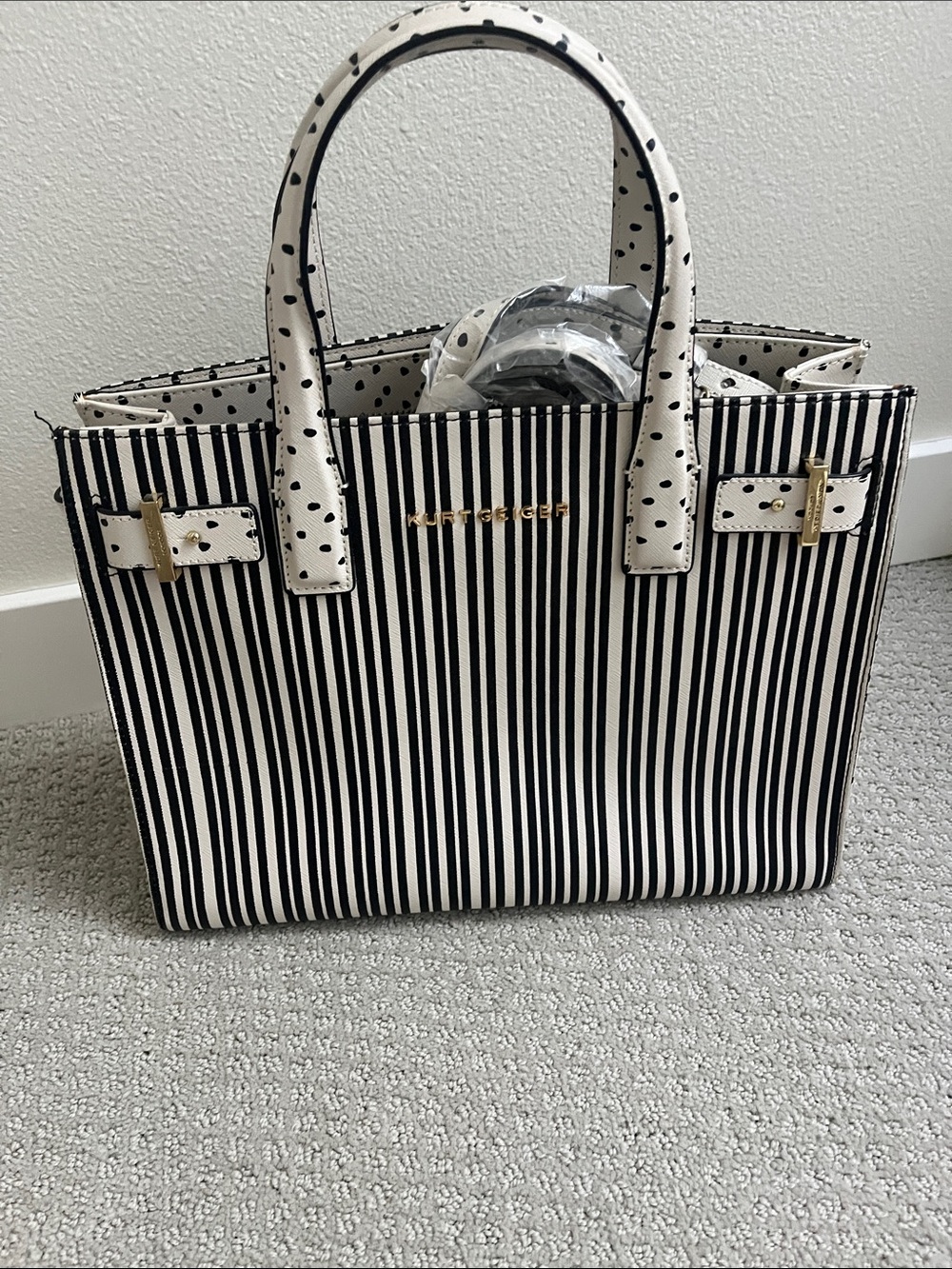 Kurt Geiger Black and White Striped Satchel with Polka-Dot Trim